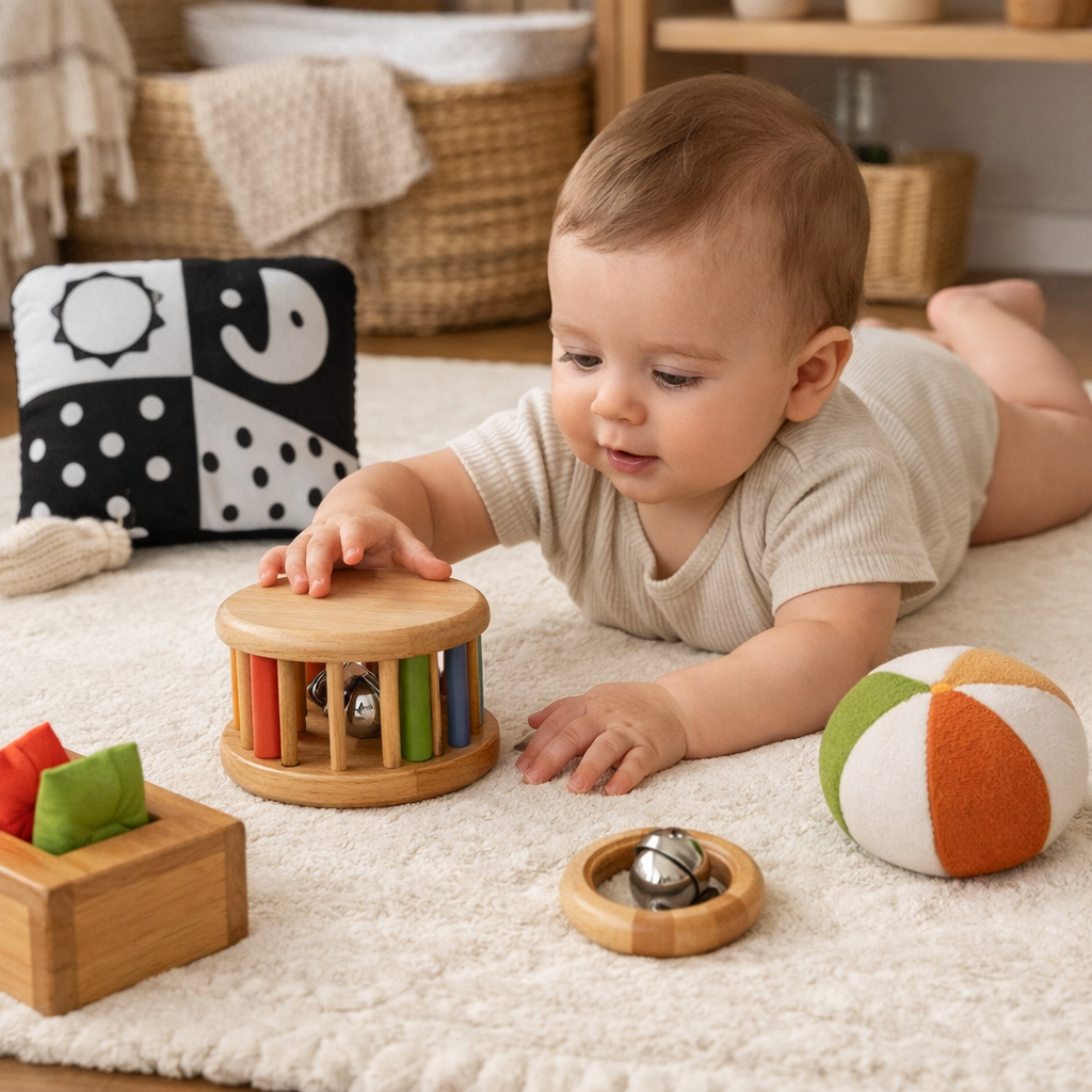 Бебе на около 5 месеца играе с Монтесори играчки върху мека постелка